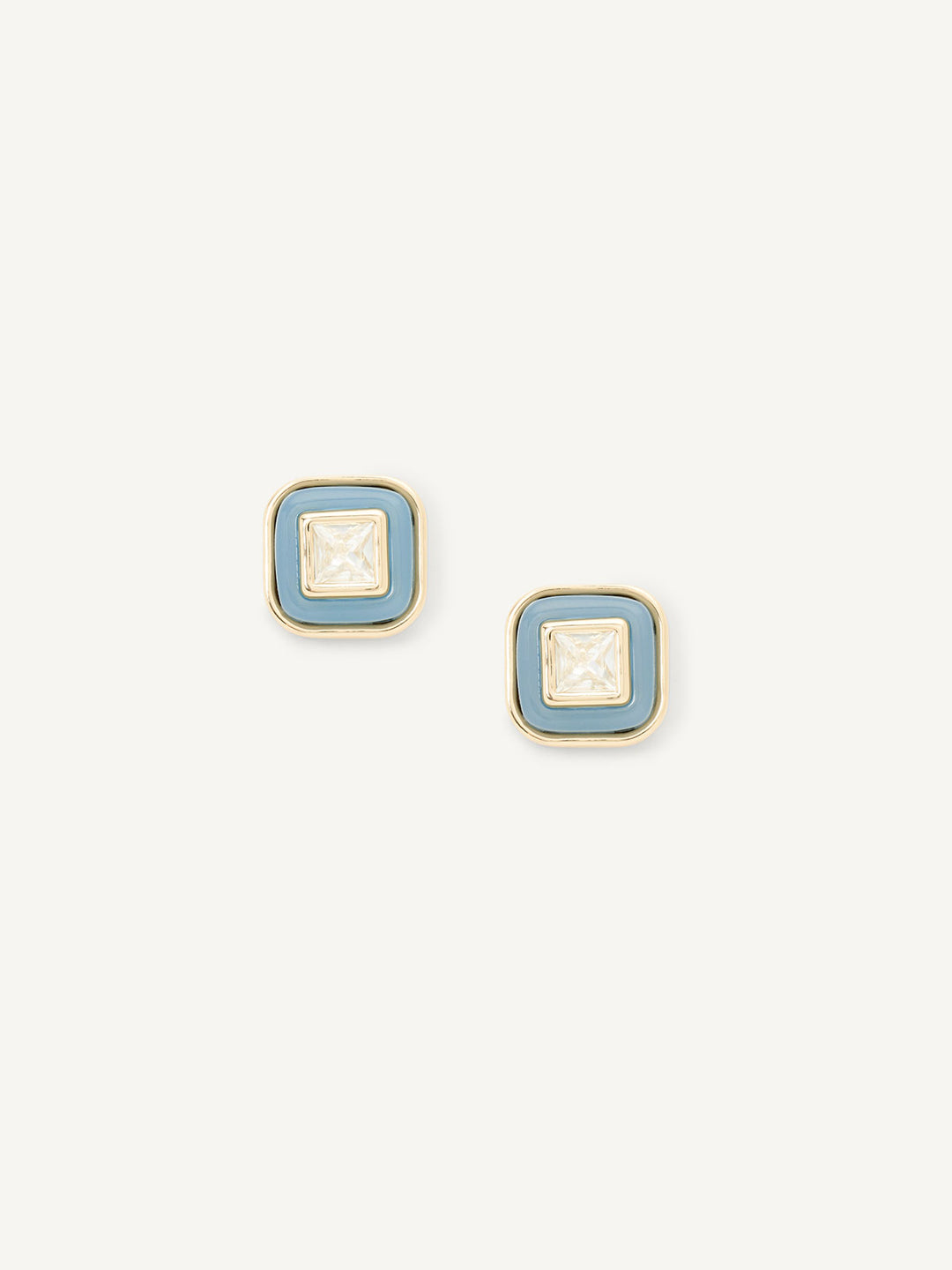 Pair of square stud earrings with light blue accents on a white background