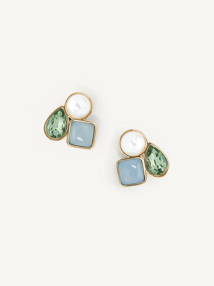 Pair of earrings with green and blue gemstones on a white background