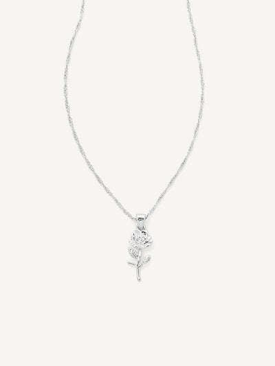 Silver necklace with a rose pendant on a white background