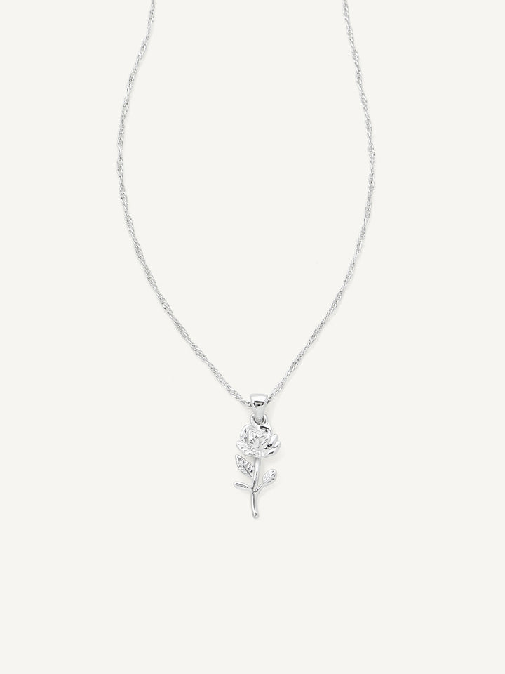 Silver necklace with a rose pendant on a white background