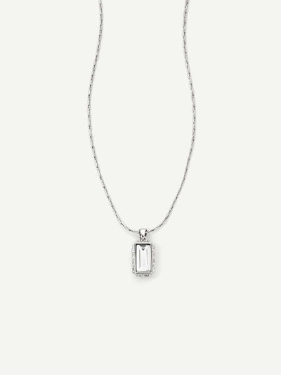 Silver necklace with a rectangular pendant on a white background