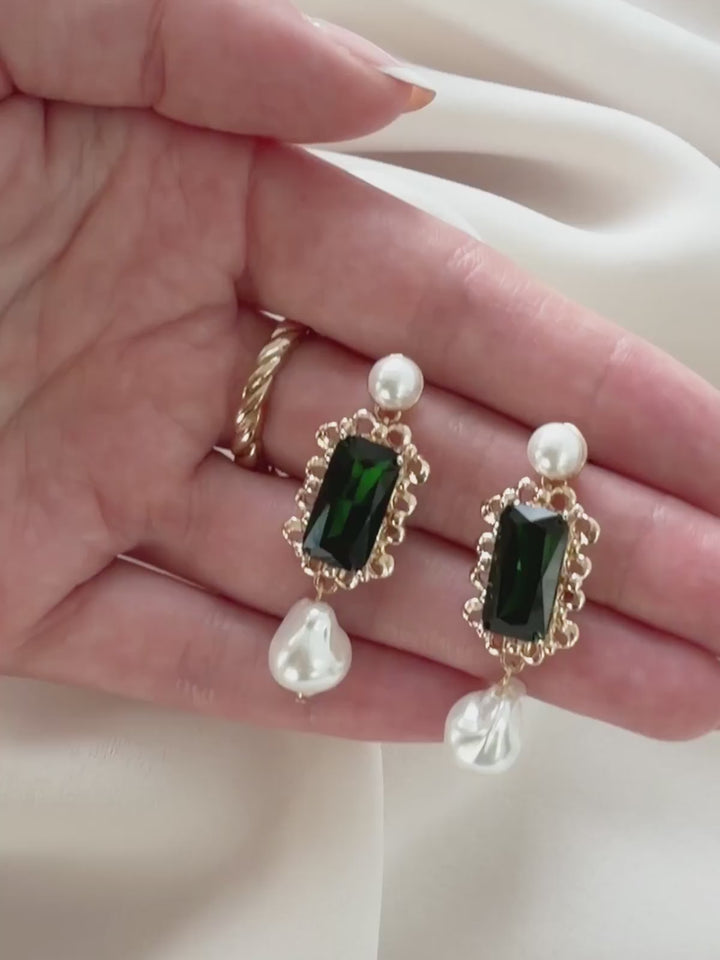 Olive & Piper Vittoria Statement Earrings - Green and Pearl